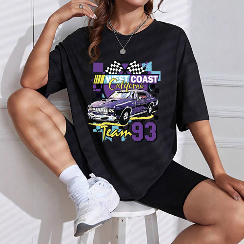 Dame T-shirt med kreativt automobildesign og afslappet snit Stilla