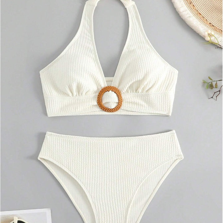 Femme Højkrave Rib-Halter Bikini Sæt Stilla