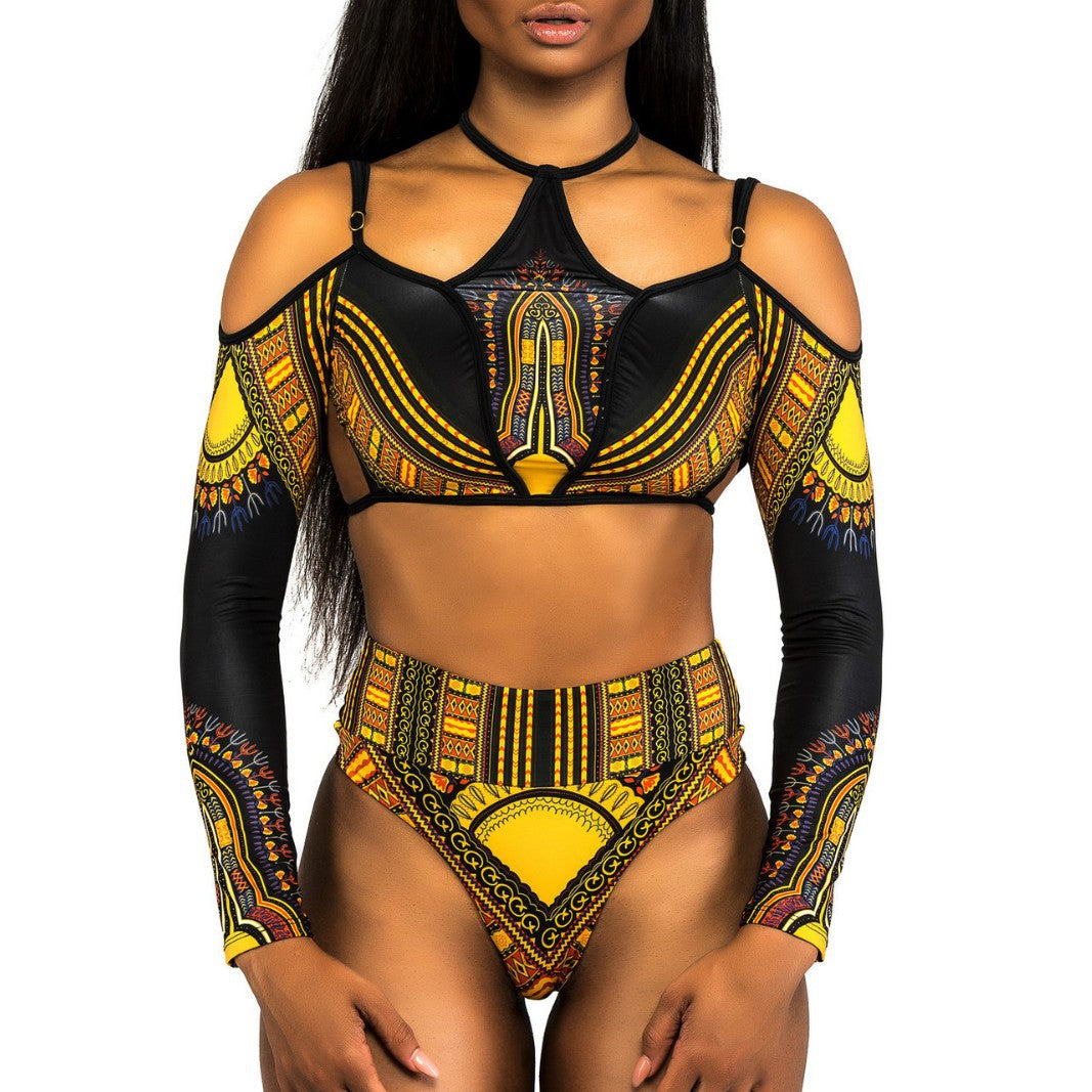Dame Crop-Top Bikini med lange ærmer og innovativt mønster Skovae