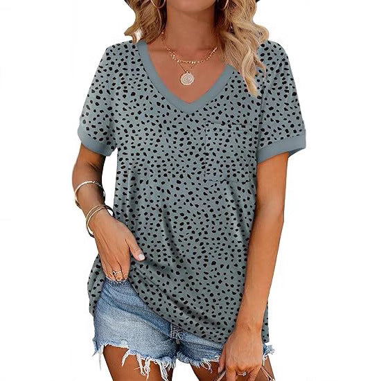 Dame V-hals T-shirt med prikkemønster Stilla