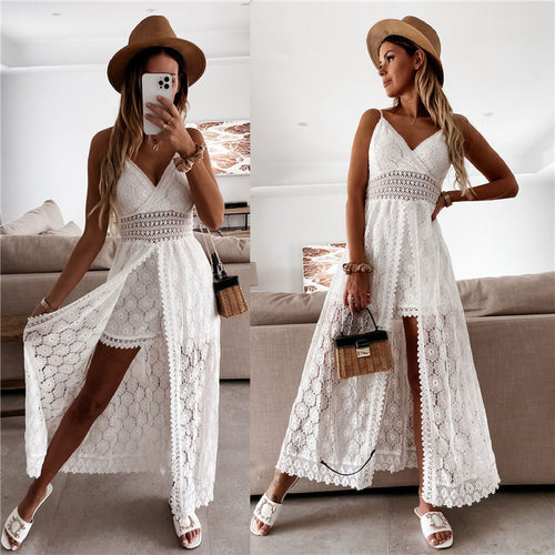Dame maxikjole med elegant lace mønster og sidelæg Stilla
