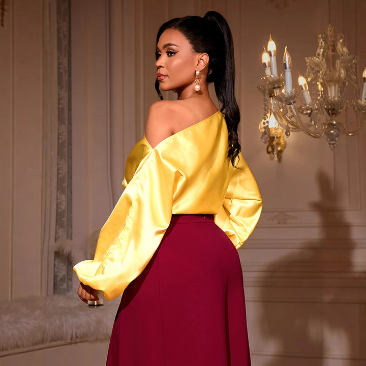Damer elegant asymmetrisk overdel med voluminøse puffærmer Skovae
