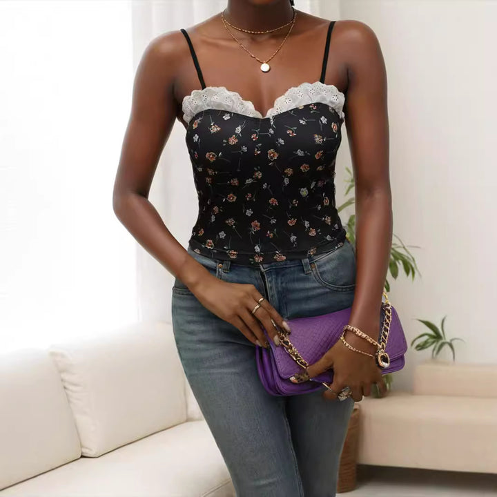 Dame blond cami-top med blomsterdesign Skovae