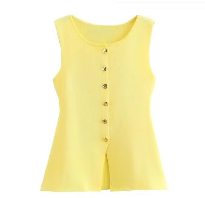 Femme Ribbet Strik Knap-Op Tank Top Stilla