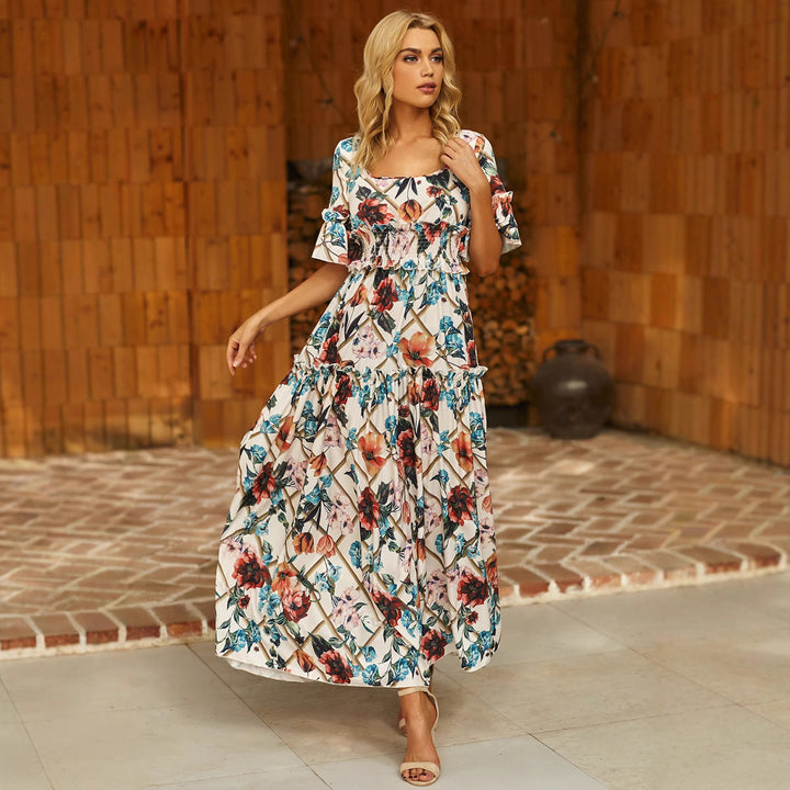 Dame Maxi Kjole med blomstertrykt og Smock Stilla