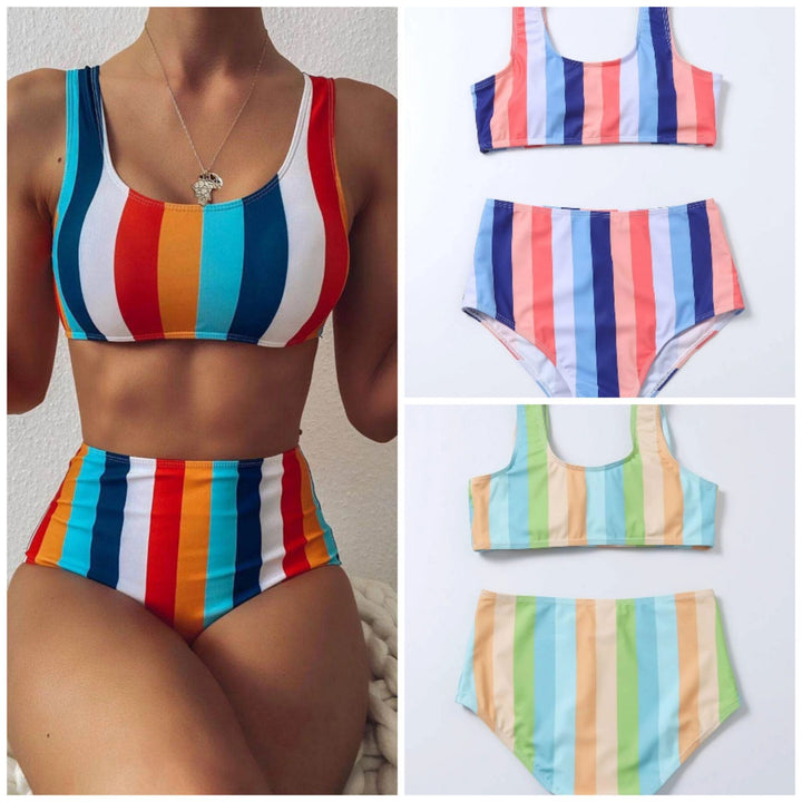 Dame Højtaljet Stribet Bikini-Sæt Stilla1750243874