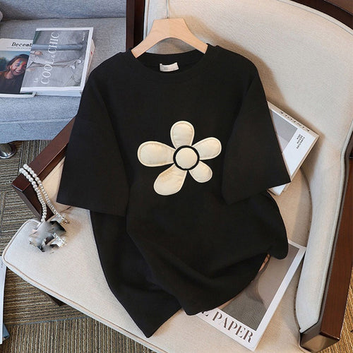 Dame T-shirt med stort, kunstnerisk blomsterapplikation Stilla