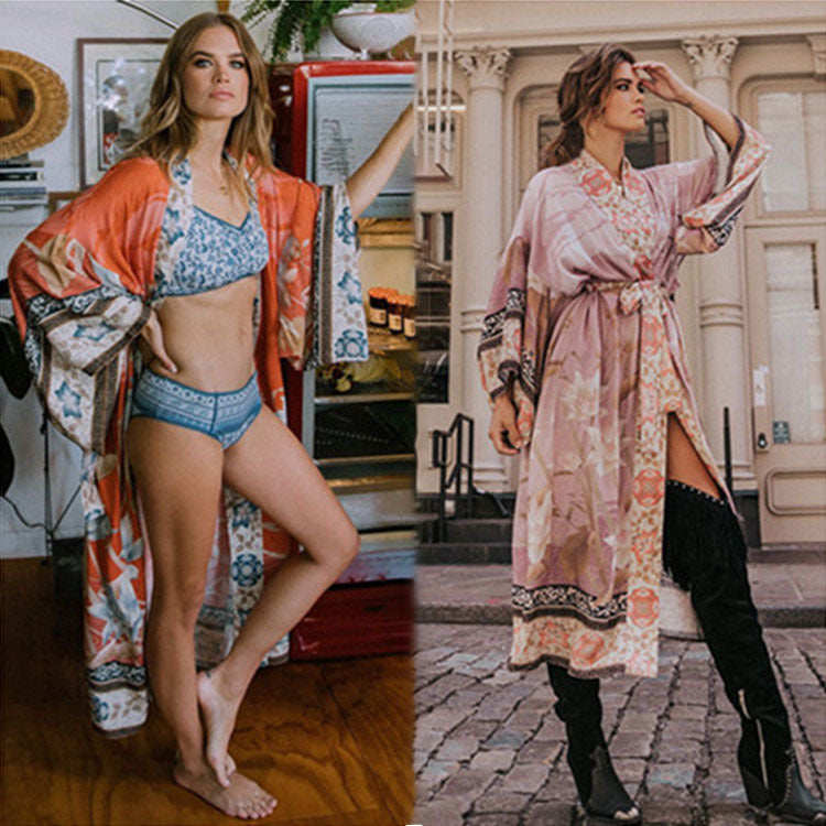 Dame Strandkimono med floralt design og luftige ærmer Stilla