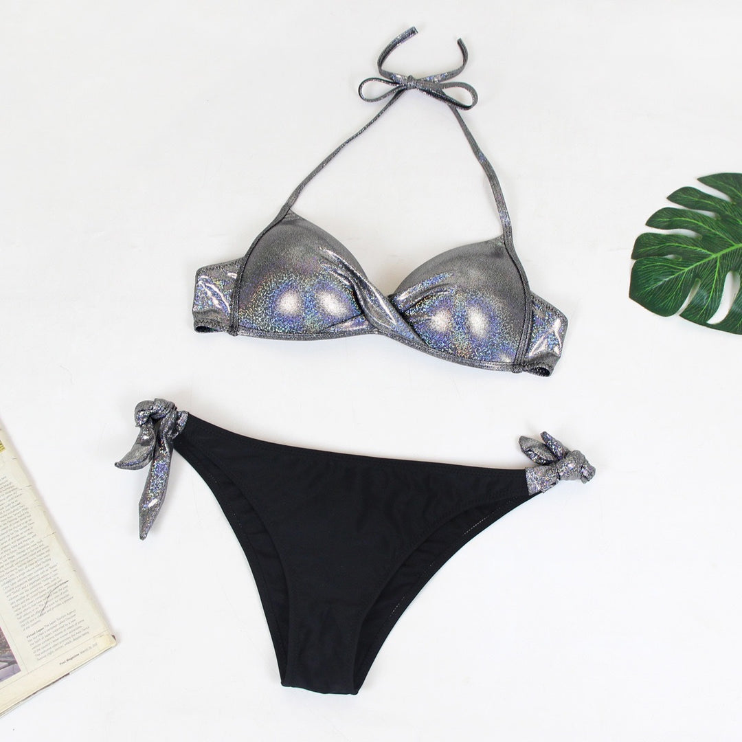 Dame Triangel-Bikini med glinsende kop-detaljer og trendy bindebånd Stilla