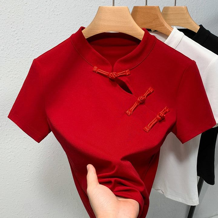 Dame Mode T-shirt med asiatisk krave og dekorative knapdetaljer Stilla