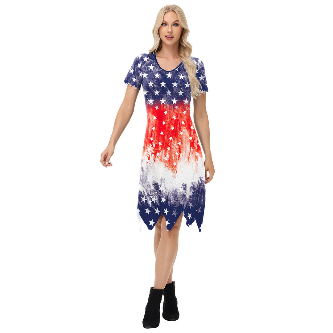 Dame afslappet T-shirt kjole med amerikansk flag mønster og asymmetrisk kant Stilla