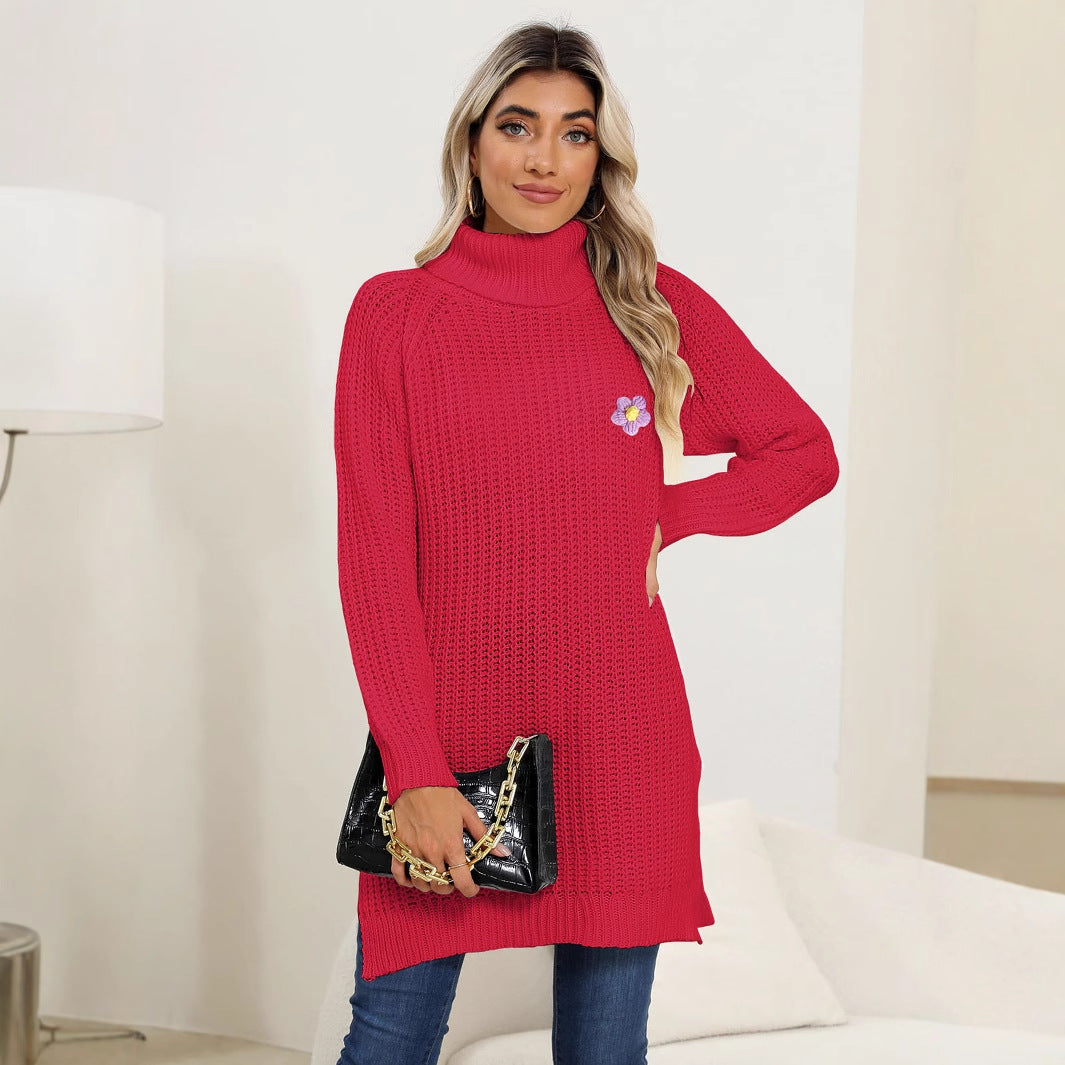 Dame strikpullover med højhalset krave og blomstret broderi-design Stilla