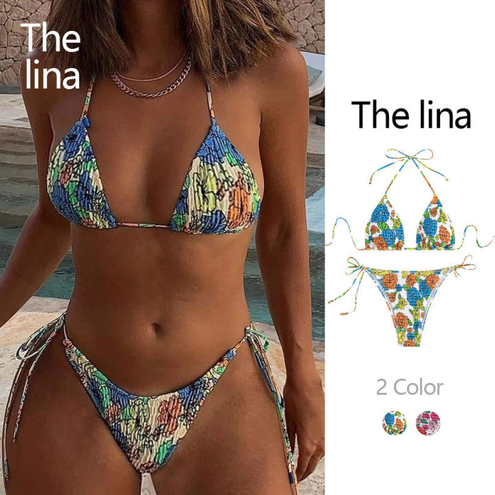 Dame Triangel-Bikini-sæt med blomstermønster og justerbare bånd Stilla