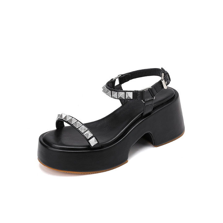 Dame Strappy Blokhæl Stplatform Sandaler med Rhinestone-Accenter Stilla