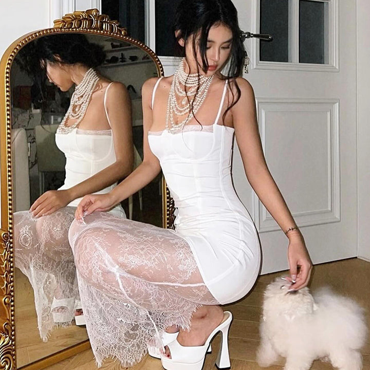 Dame Elegant Maxikjole med transparente spidsdetaljer og tætsiddende design Stilla
