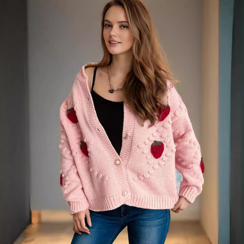 Kvindernes cardigan med leg spæde jordbær broderi og knaplukning Stilla