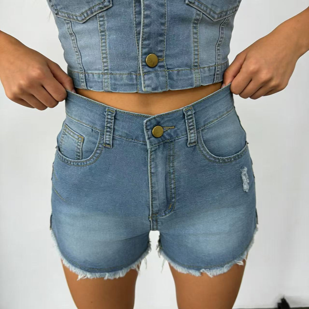 Dame højskårne denim shorts i trendy franse-look Skovae
