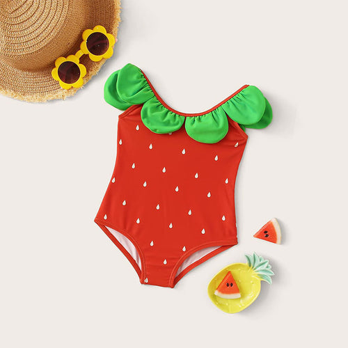 Dame ensartet badedragt med voluminøse ruffles detaljer og glad vandmelonmotiv Stilla