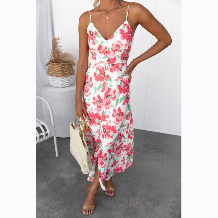 Ladies summer maxi dress with elegant V-neck and high slit Skovae