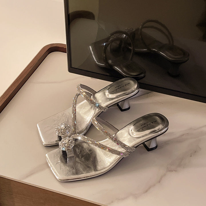 Dame Elegant Rhinestone-Stropper Lav Hæl Sandaler Stilla