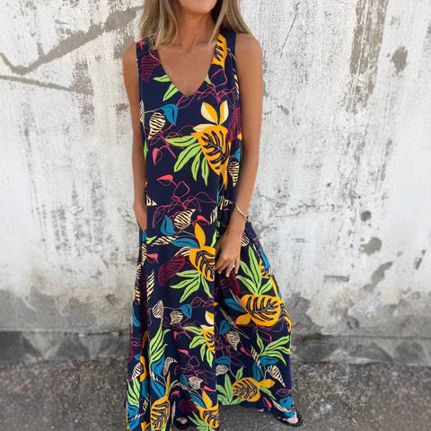 Dame maxikjole med blomster motiver og dyb V-udskæring Stilla