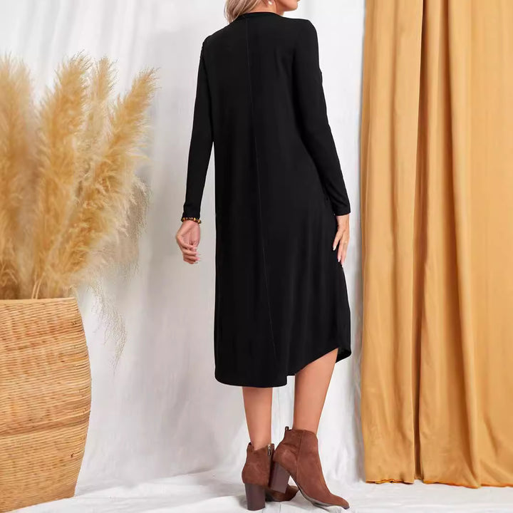 Dame elegant Langærmet-kjole med asymmetrisk kant og komfortabel pasform Stilla