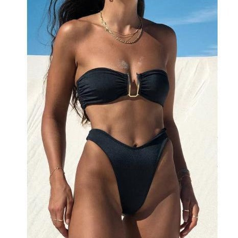Dame High-Waisted Strapless Bikini-Sæt med unikt ringdetalje i midten Stilla