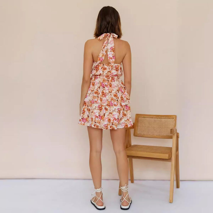 Dame Halterneck Blomster Mini Kjole med Rüsche Nederdel Stilla