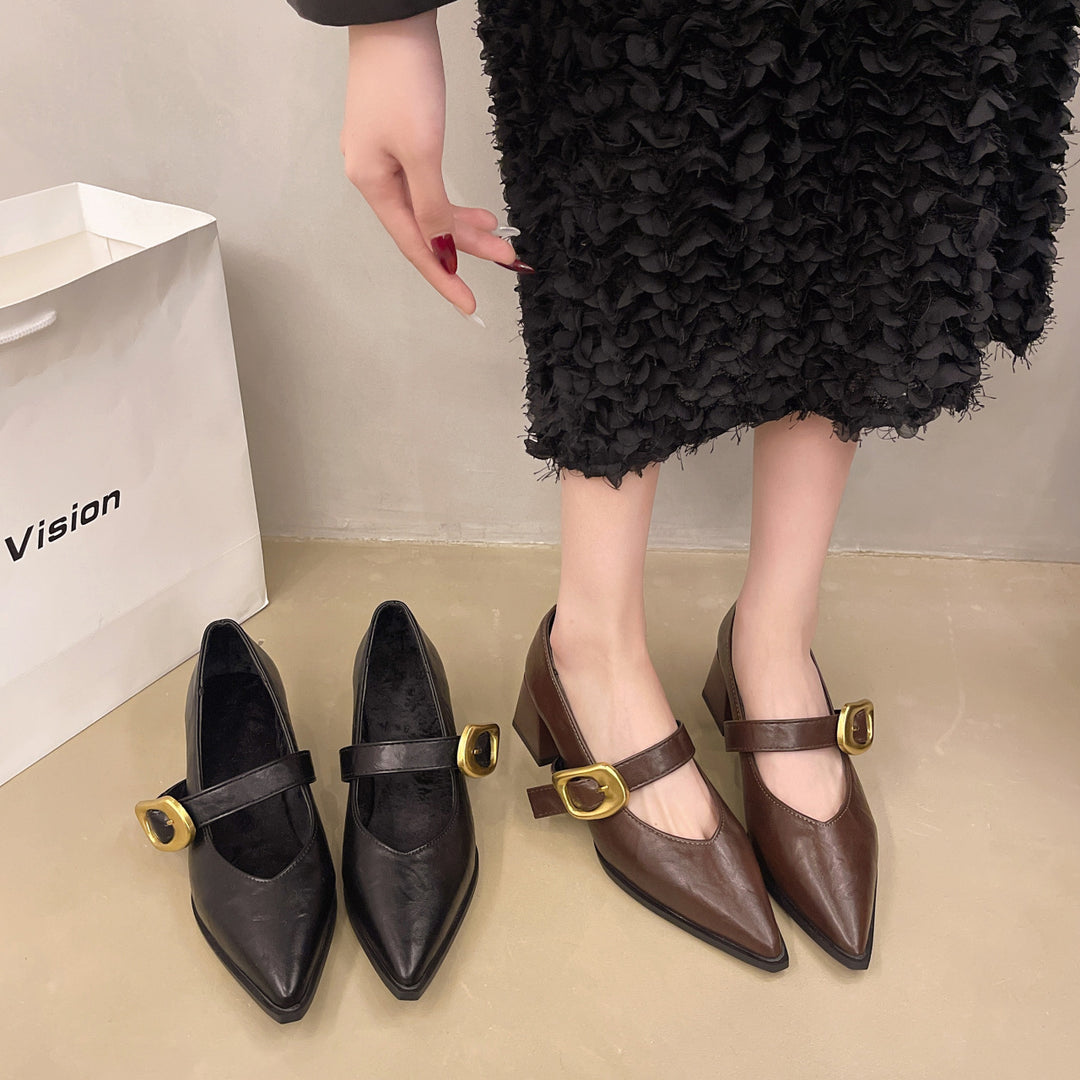 Dame Elegant Spids-ternet Hæl Mary Jane Pumps med Dekorativ Spænde Stilla