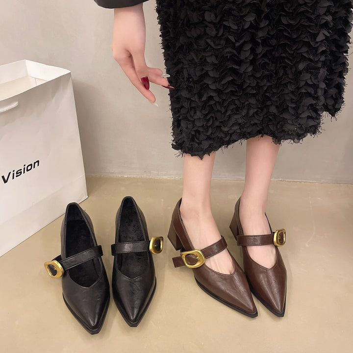Dame Elegant Spids-ternet Hæl Mary Jane Pumps med Dekorativ Spænde Stilla