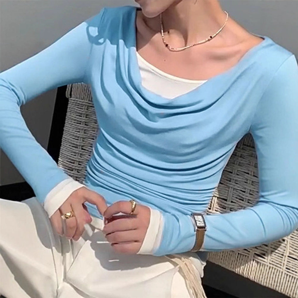 Dame figursyet longsleeve med elegant rynkeeffekt og dyb udskæring Skovae