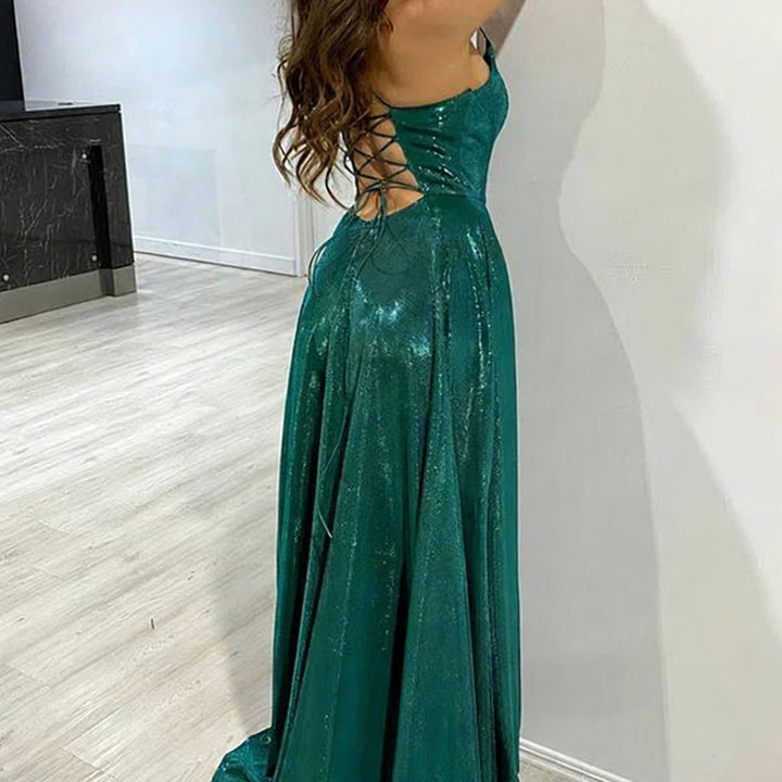 Dame glamour aften kjole med glitrende satin og udvidet nederdel