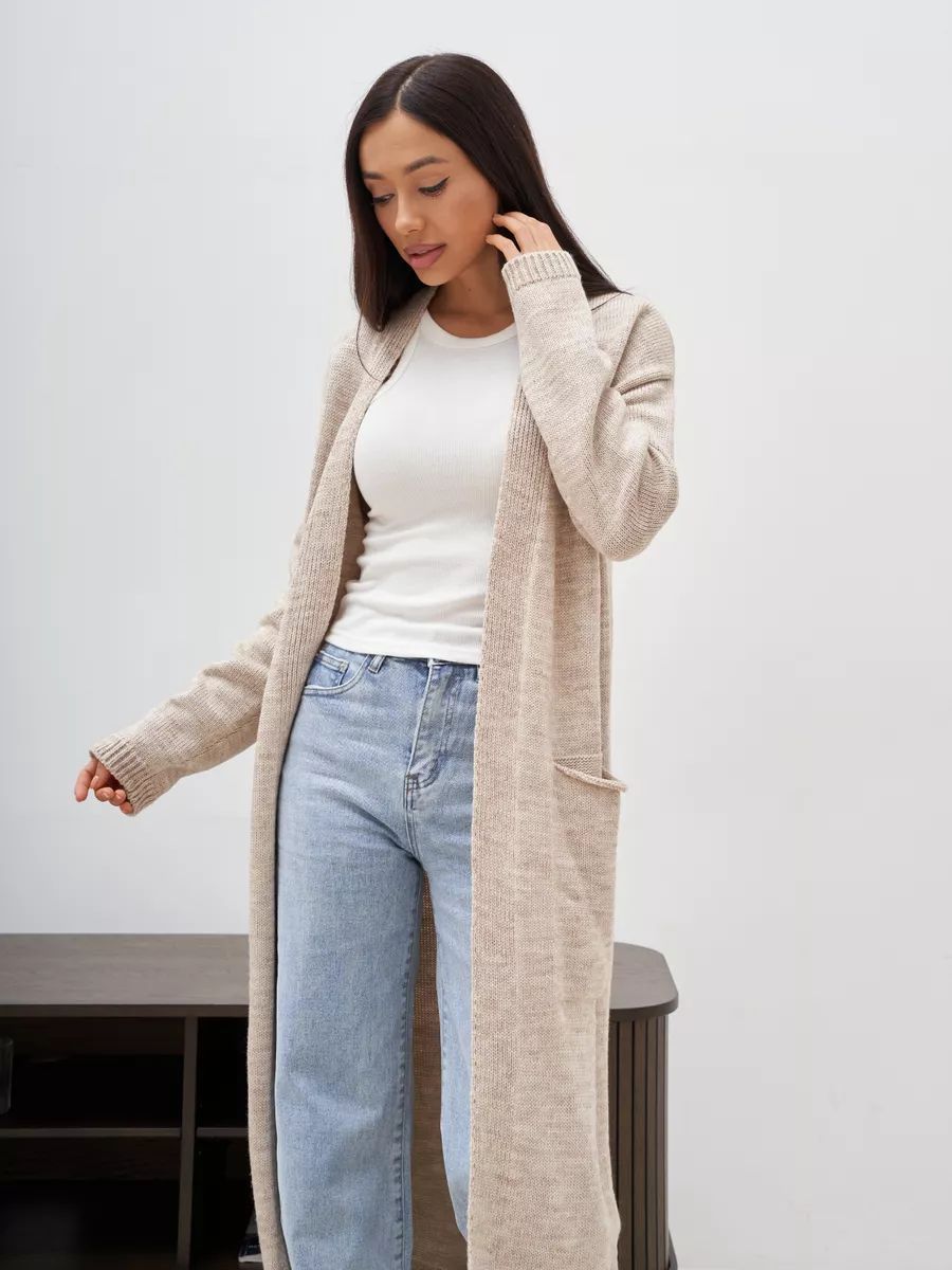 Dame elegant cardigan med talje bælte og dybe lommer Stilla