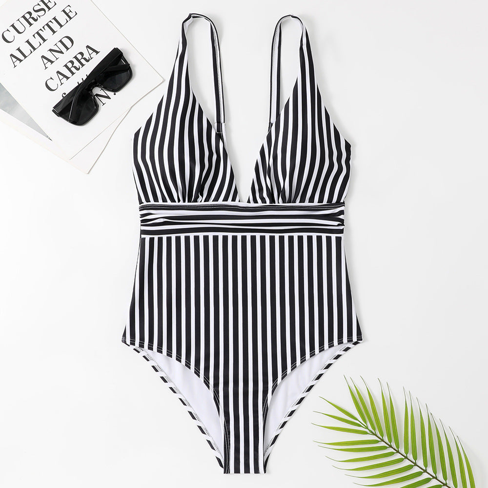 Dame stribet dybt udskåret én-delt badedragt Stilla