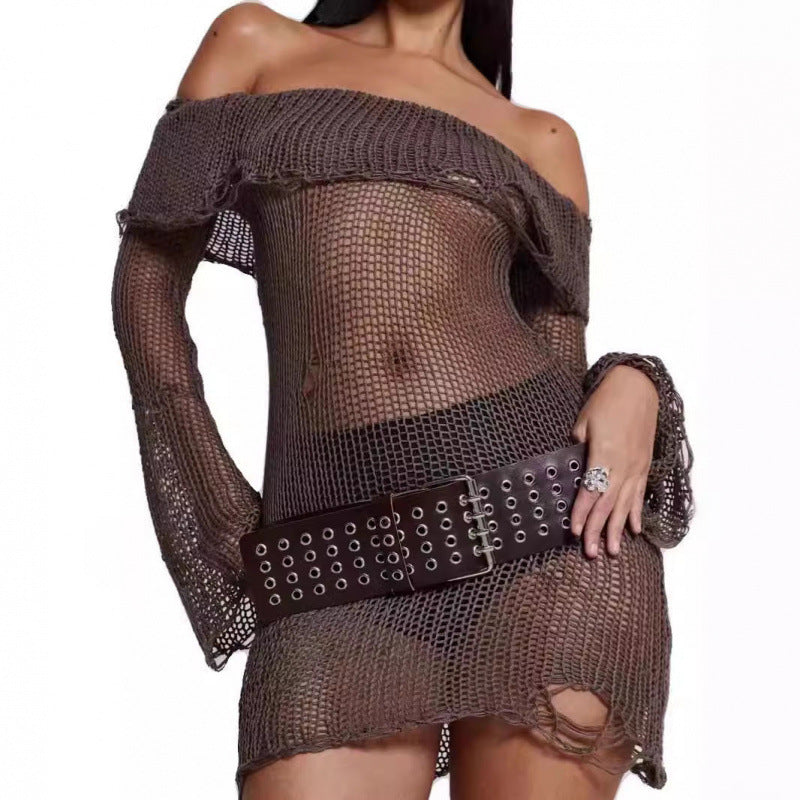 Dame Off-Shoulder Gennemsigtig Strik Mini Kjole Stilla