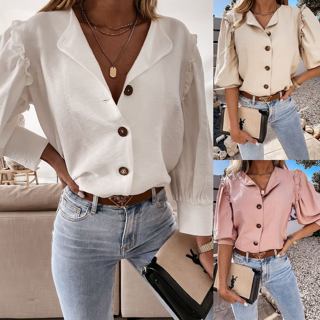 Dame Elegant Knap-up Bluse med Pufærmer Stilla