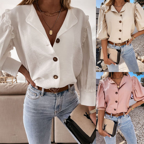 Dame Elegant Knap-up Bluse med Pufærmer Stilla