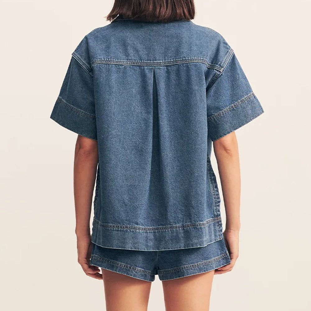 Dame Mode Oversized Jeansbluse med praktiske lommer og dyb V-udskæring Stilla