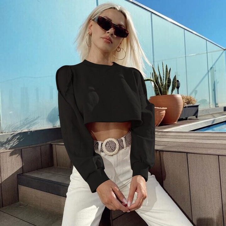 Dame casual cropped sweatshirt med voluminøse ærmer og rund halsudskæring Stilla