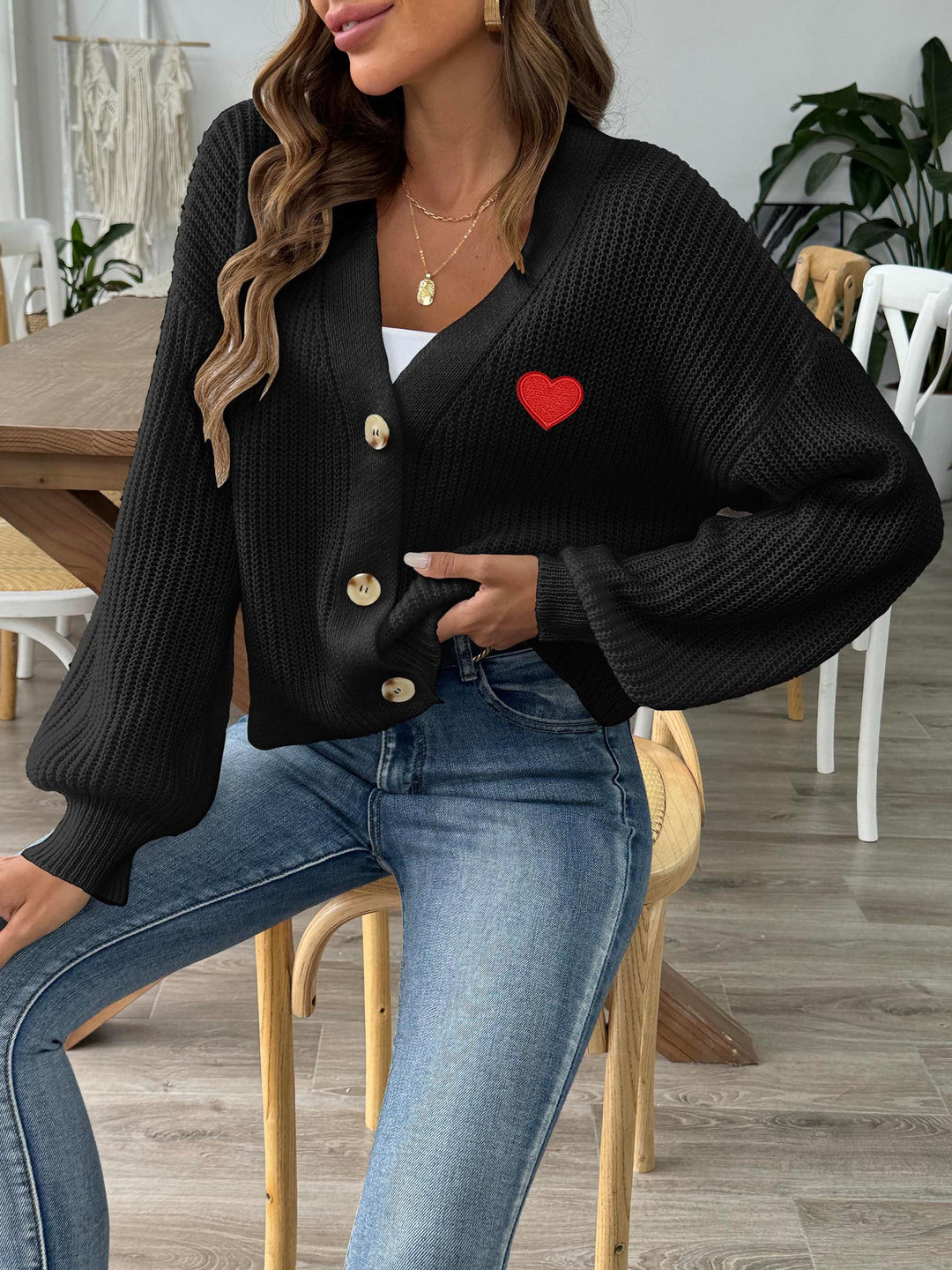 Femme let strikjakke med hjerte detalje Stilla