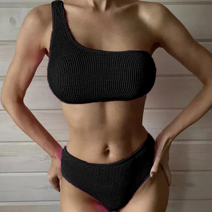 Femme Ribbetrik En-skulder Bikini Sæt Stilla