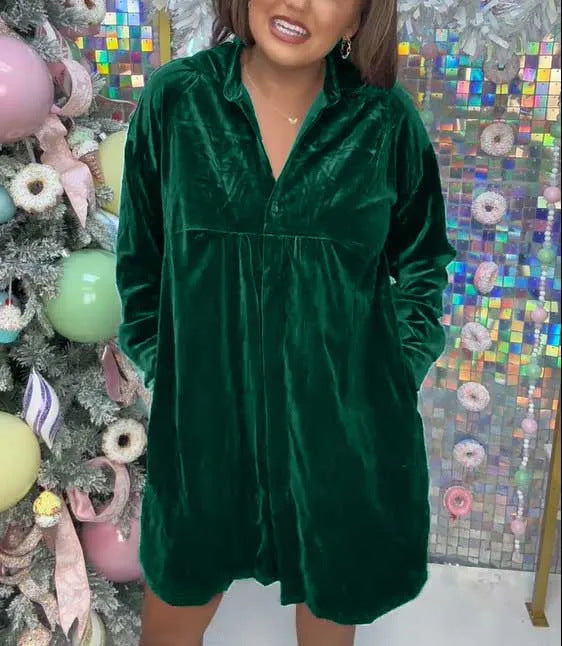 Dame luksuriøs velour skjortekjole med knap og legende snit Stilla