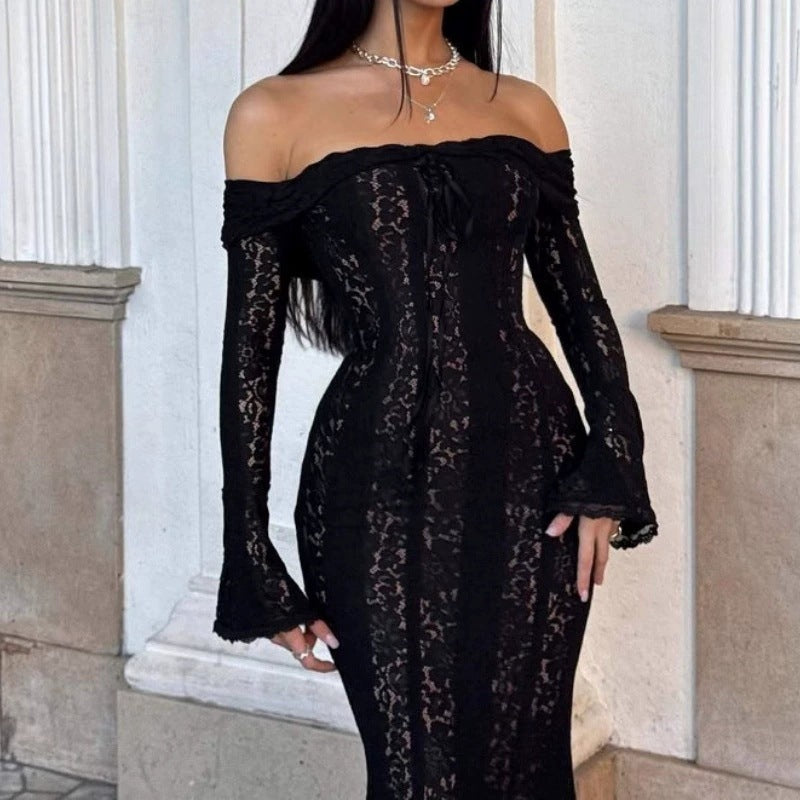 Damer Elegant Blondekjole i tætsiddende snit med Off-Shoulder Design Skovae