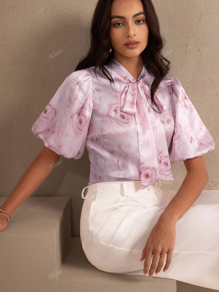 Dame elegant bluse med blomstertryk Stilla