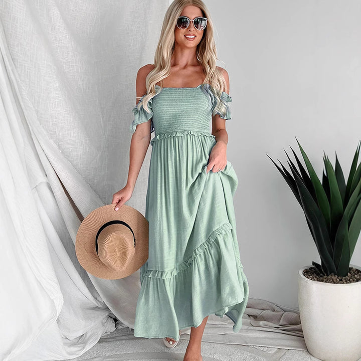Dame lagdeling Smocked Maxi Kjole med Ruffle Detaljer Stilla