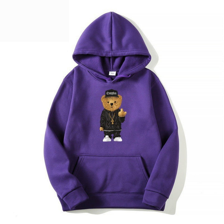 Kvinders hoodie med kunstnerisk bjørnedesign og kængurulomme Skovae
