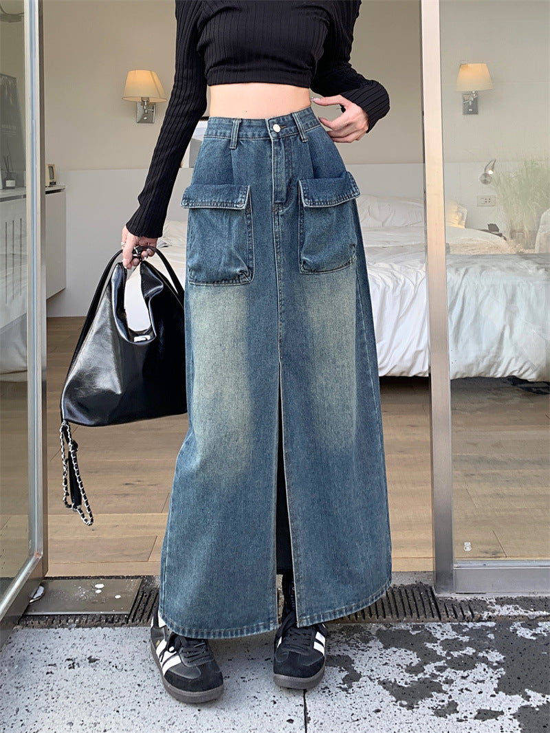 Kvinders lange denimnederdel med praktiske patchlommer Stilla