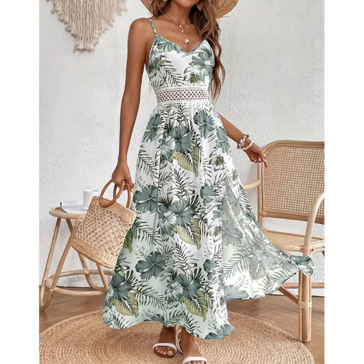 Dame maxikjole med blomsterdesign og blonde-applikationer Stilla