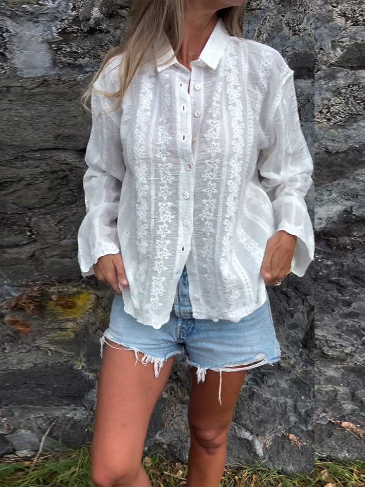 Dame elegant bluse med kunstnerisk spidsudsmykning Stilla