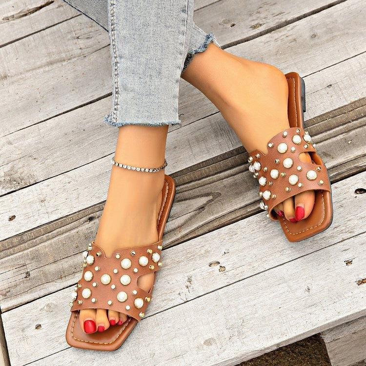 Dame elegante Slide-sandaler med perle- og nitte-detaljer Stilla